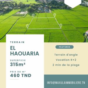 TERRAIN D’ANGLE DE 315M² À 2 MIN DE LA PLAGE D’EL HAOUARIA