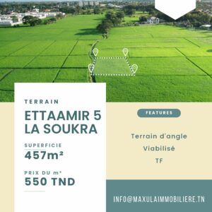 TERRAIN D’UNE SUPERFICIE DE 457M² À CITÉ ETTAAMIR 5 À LA SOUKRA